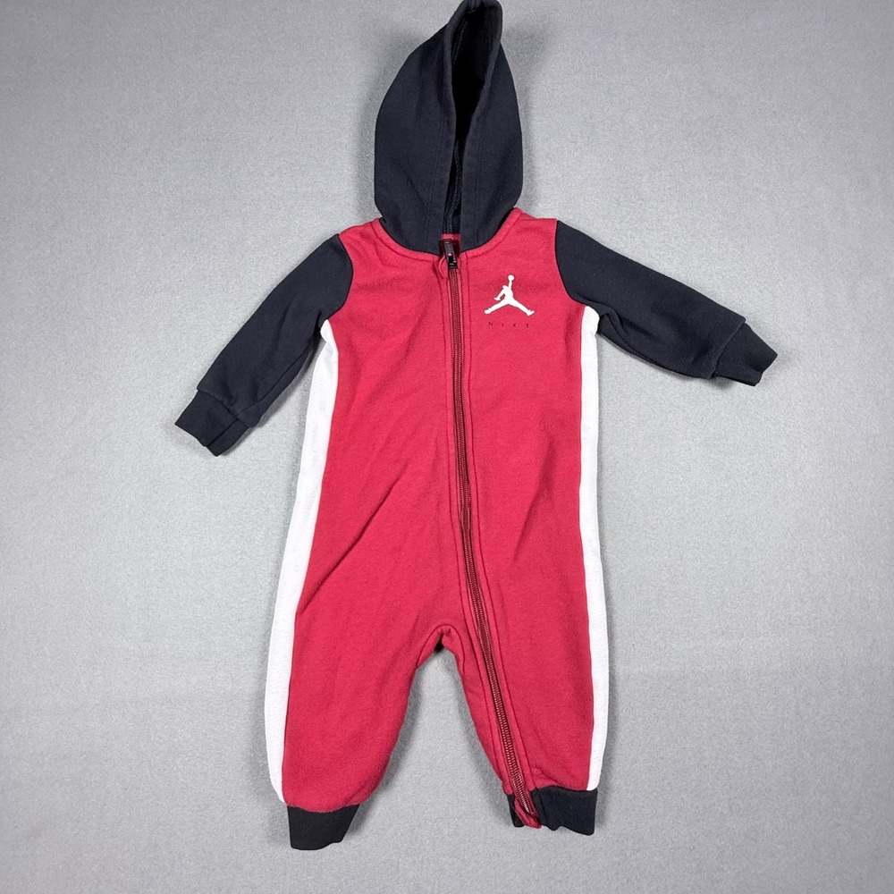 Nike Jordan Jumpman Hooded Fleece Romper Red Black White 3-6M Baby One-Piece